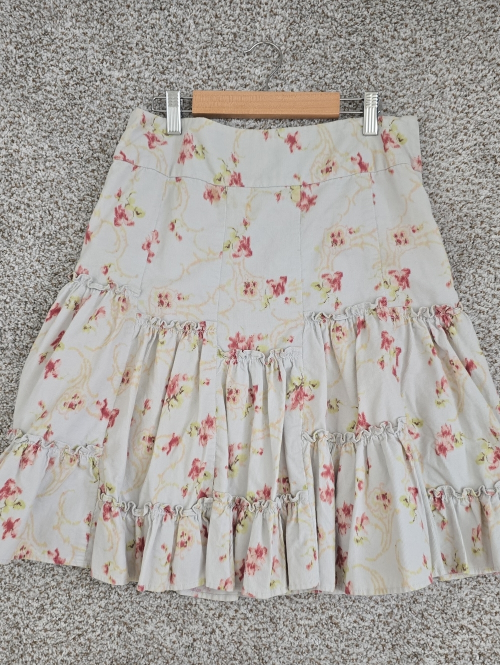 Romantic Cream A-Line Tiered Skirt with Pink Floral Print
